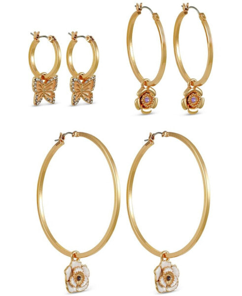 Gold-Tone 3-Pc. Set Mixed Color Stone Flower & Butterfly Charm Hoop Earrings
