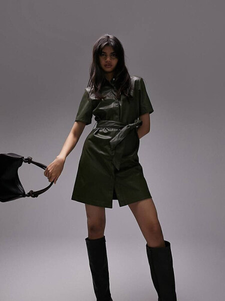 Topshop short sleeve PU belted mini shirt dress in khaki