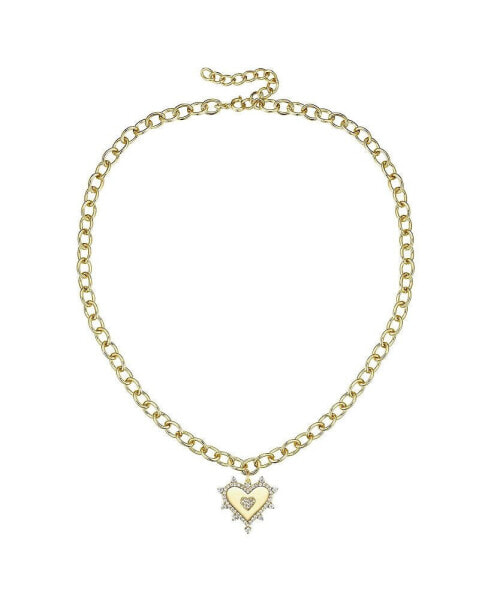 14k Gold Plated with Cubic Zirconia Sunshine Heart Pendant Curb Chain Adjustable Necklace