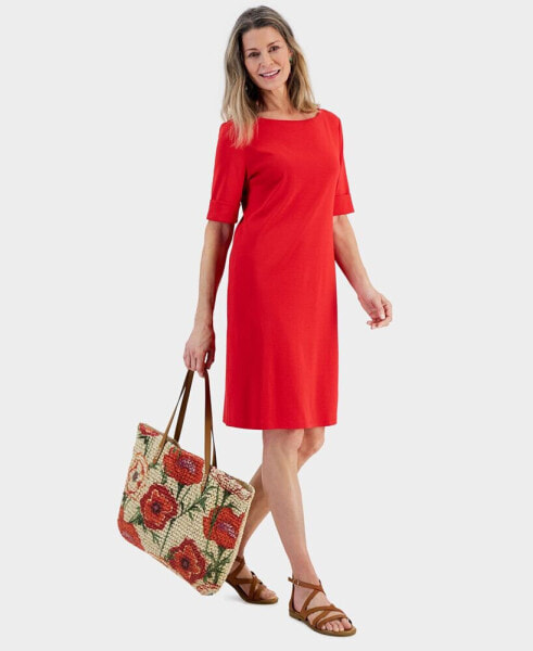 Women's Cotton Boat-Neck Elbow-Sleeve Dress, Created for Macy's