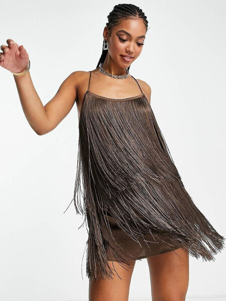 ASOS DESIGN fringed mini dress in chocolate