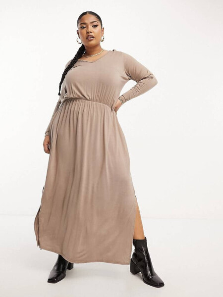 Yours Exclusive long sleeve smock midi dress in mocha