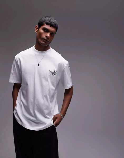 Topman premium oversized t-shirt with swallow front and back embroidery in white