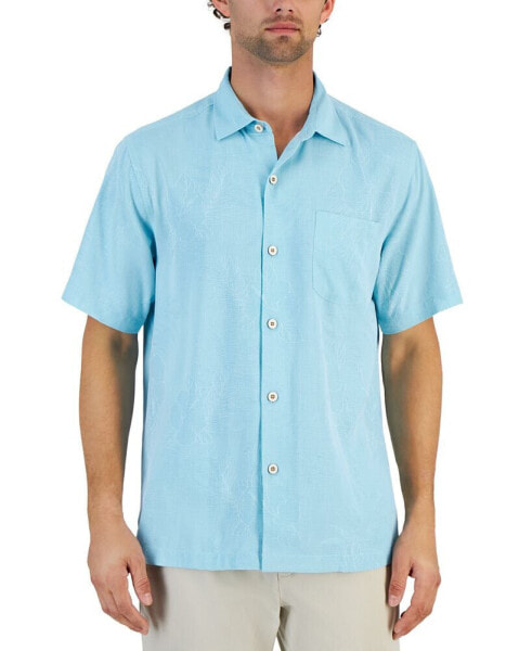 Men's Lush Palms Jacquard Tonal Hibiscus Motif Silk Shirt