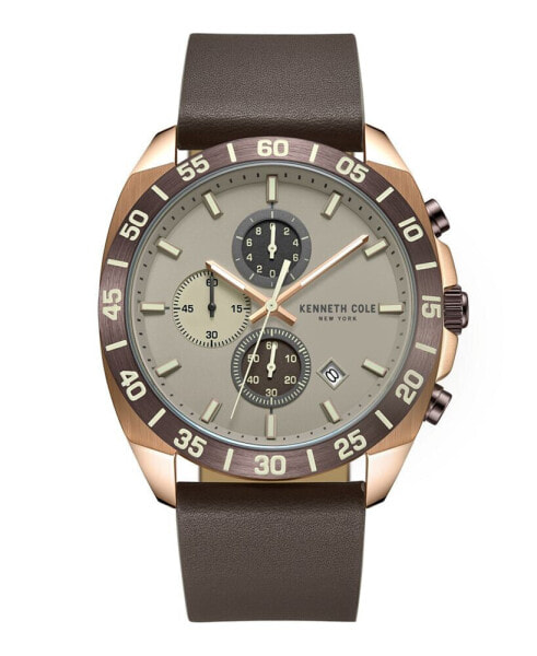 Men's Chronograph Dress Sport Brown Genuine Leather Watch 43mm
