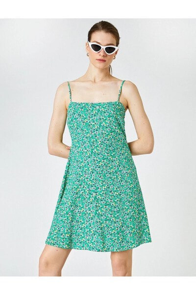 Kadın Giyim Elbise Çiçekli Mini Ince Askılı A Kesim 2sak80161pw Yeşil Desen