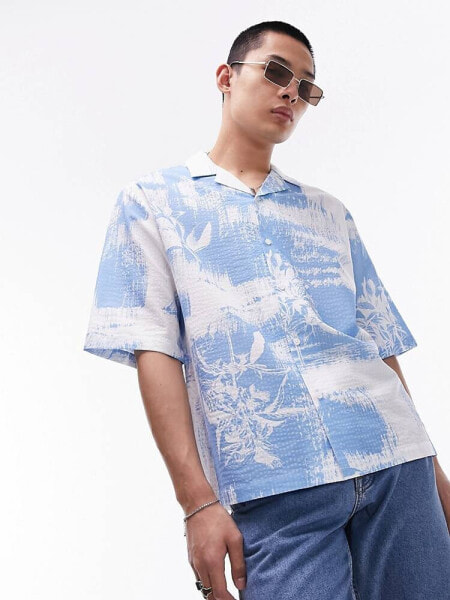 Topman short sleeve seersucker blurred floral in blue