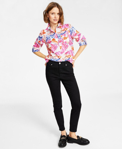 Women's Cotton Leaf-Print Roll-Tab Shirt