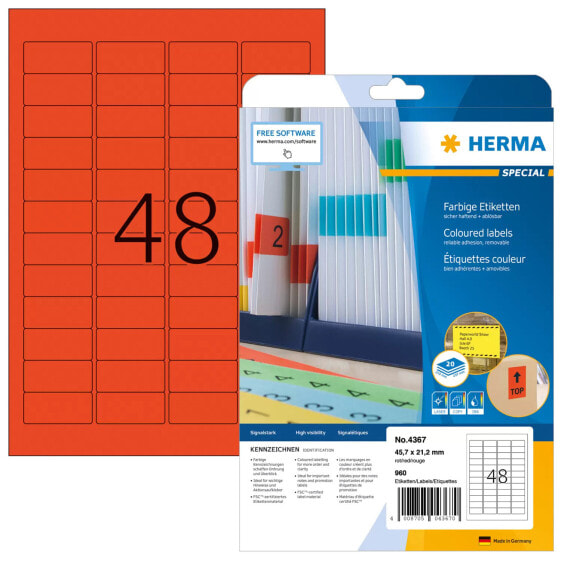 HERMA Coloured Labels A4 45.7x21.2 mm red paper matt 960 pcs. - Red - Self-adhesive printer label - A4 - Paper - Laser/Inkjet - Removable