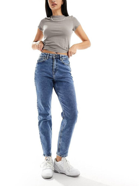 Noisy May Moni high waisted straight jeans in mid wash blue     