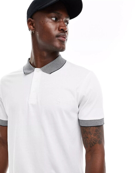 French Connection stripe collar polo in white