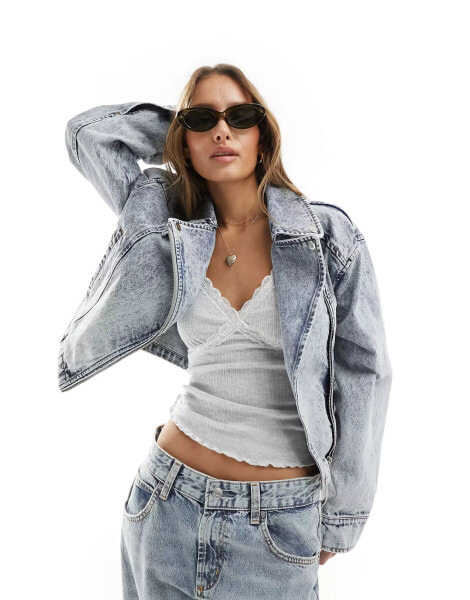 Miss Selfridge crop denim biker jacket in blue acid wash