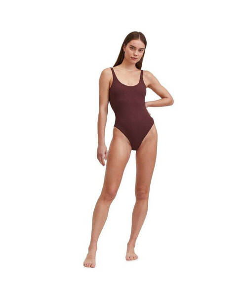 Women's Solid Textured Scoop neck one piece swimsuit with low U back