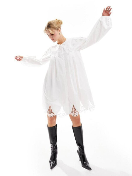 Urban Revivo lace insert collar detail mini smock dress in white