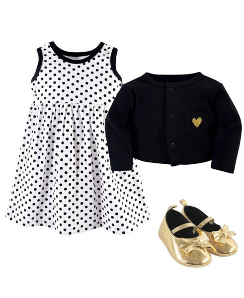 Infant Girl Cotton Dress, Cardigan and Shoe 3pc Set, Black Dot