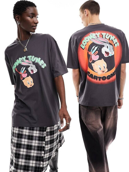 ASOS DESIGN unisex oversized graphic tee with Looney Tunes back print in charcoal