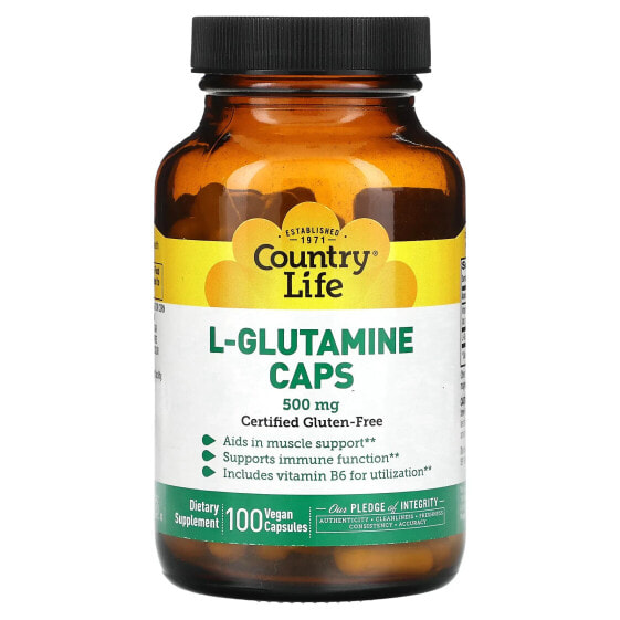 Country Life, L-глютамин в капсулах, 500 мг, 100 веганских капсул