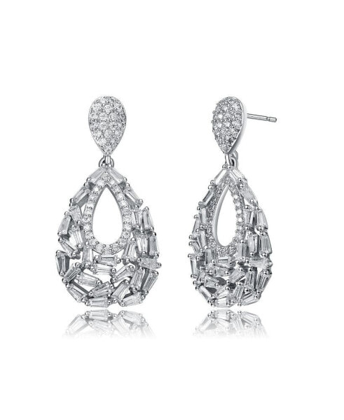 Captivating Sterling Silver Pear Shape Drop Earrings with Baguette and Round Cubic Zirconia