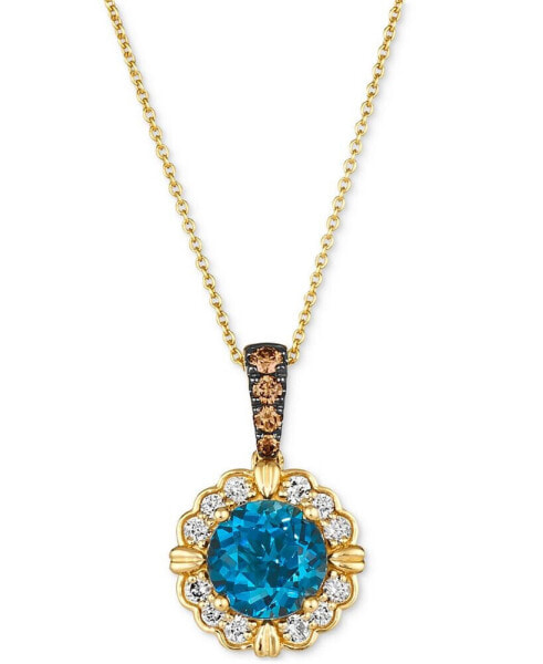 Deep Sea Blue Topaz (2 ct. t.w.) & Diamond (3/8 ct. tw.) Halo Flower Adjustable 20" Pendant Necklace in 14k Gold