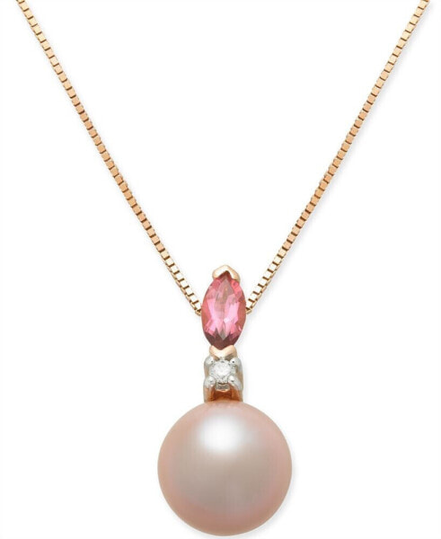 Pink Cultured Freshwater Pearl (7mm), Pink Tourmaline (1/6 ct. t.w.) & Diamond Accent 18" Pendant Necklace in 14k Rose Gold