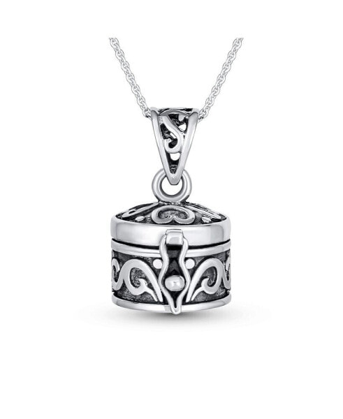 -Style Square Heart Poison Prayer Box Locket Necklace Pendant Momenta or Memorial Keepsake Holder for Women s Oxidized .925 Sterling Silver