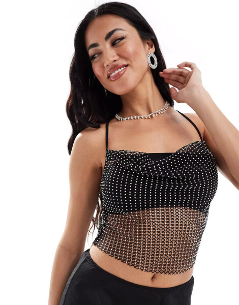 ASOS DESIGN cowl neck cami top in hotfix fishnet in black