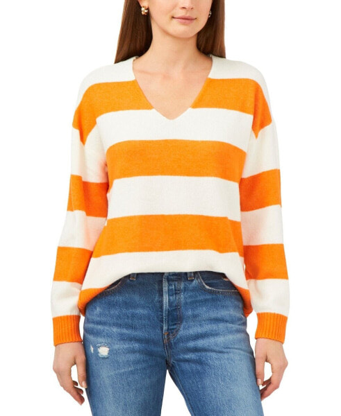 Vince Camuto Cozy V-Neck Striped Sweater Orange XL