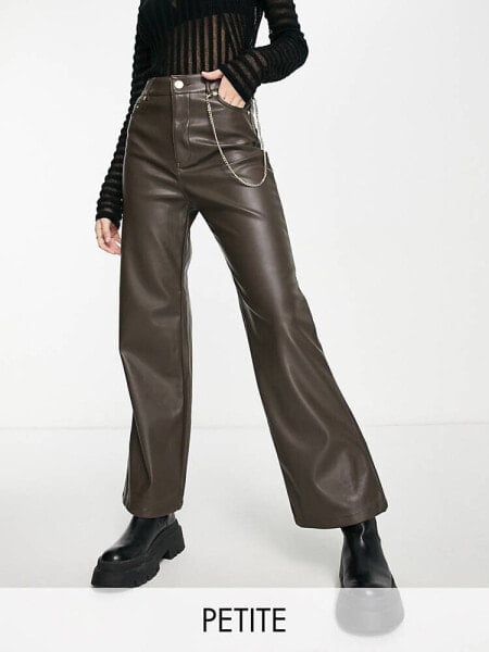 Only Petite high waisted wide leg faux leather trouser in brown