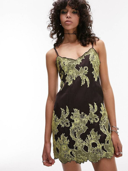 Topshop satin and lace cami mini dress in chocolate and lime