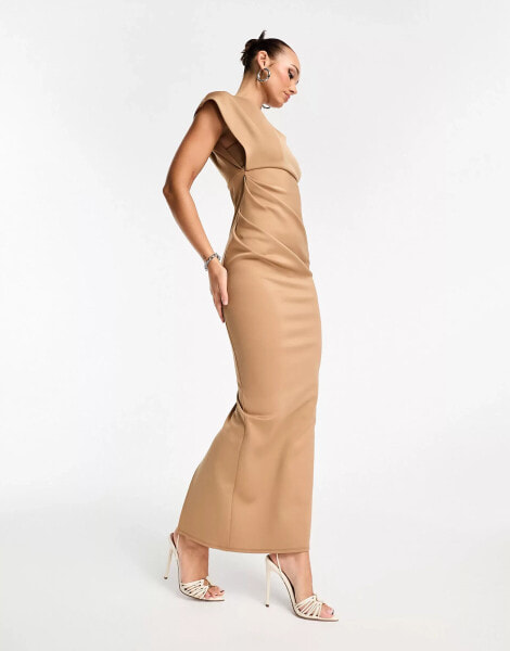 ASOS DESIGN asymmetric high neck minimal maxi dress in camel