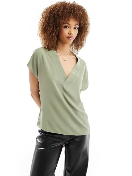 ASOS DESIGN V neck short sleeve top in light khaki