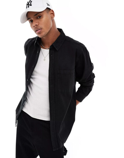 ONLY & SONS button through denim shirt in black