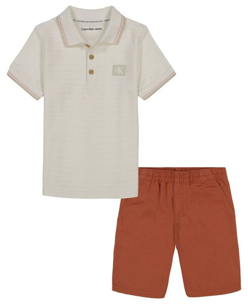 Toddler Boys Herringbone Short Sleeve Polo Shirt and Twill Shorts, 2 Piece Set