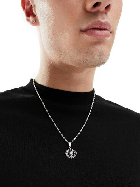 ASOS DESIGN waterproof stainless steel chain with compass pendant in silver tone