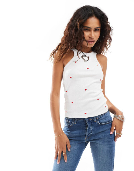 Noisy May tank top with heart embroidery in white