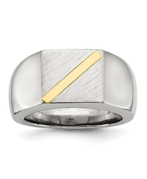 Stainless Steel Brushed Polished 14K Gold Stripe Signet Ring