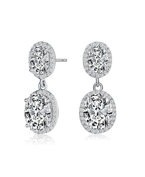 Sterling Silver with Rhodium Plated Two Clear Oval with Round Cubic Zirconia Halo Drop Earrings