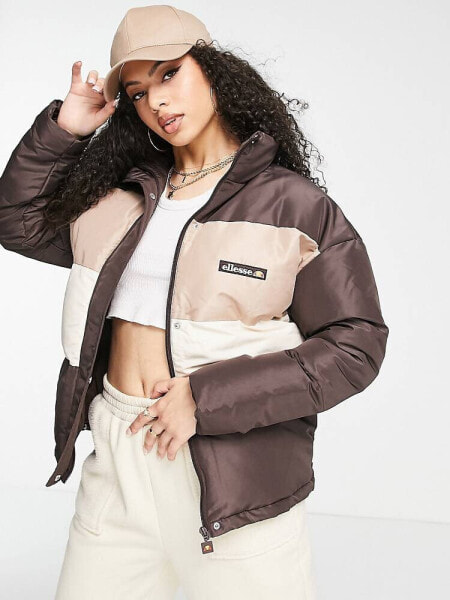 ellesse coffee pack blocked puffer jacket with logo in ecru and brown