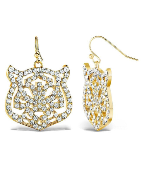 Womens Tiger Drop Earrings - Gold-Tiger Earrings with Clear Crystals
