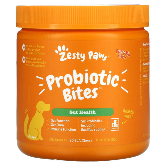 Zesty Paws, Probiotic Bites, добавка для собак с пробиотиками, для пищеварения, для любого возраста, со вкусом тыквы, 90 мягких жевательных таблеток