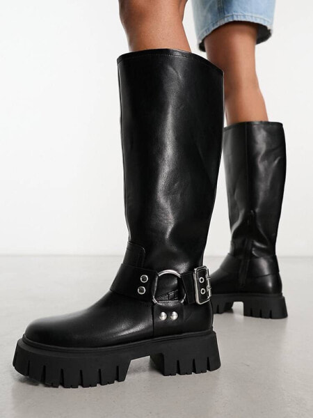 ASOS DESIGN Cady knee high harness boots in black