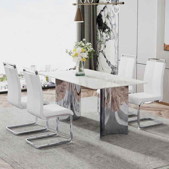 Minimalist Dining Set with Imitation Marble Glass Top