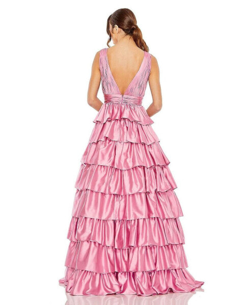 Women's Ruffle Tiered Pleated Sleeveless V Neck Gown