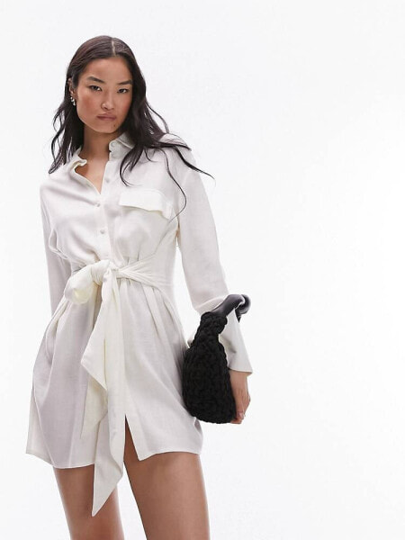 Topshop kimono mini shirt dress in white linen