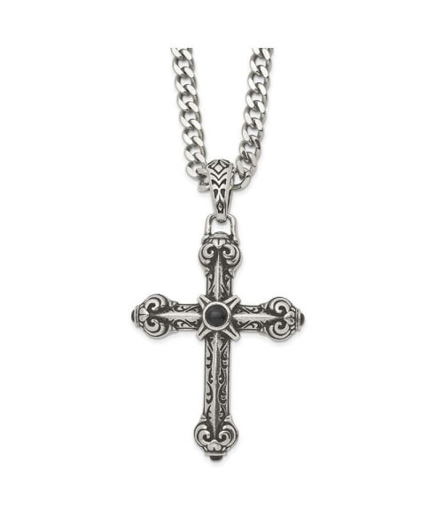 Chisel synthetic Black Agate Cross Pendant Curb Chain Necklace