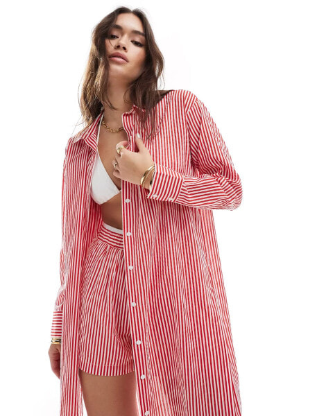 Stradivarius longline beach shirt in red stripe co-ord