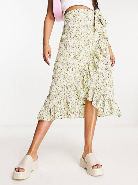 Vero Moda wrap front midi skirt in green florals