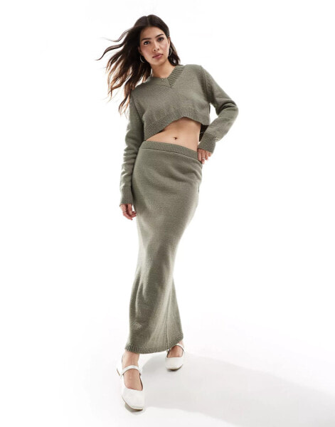 ASOS DESIGN knitted midaxi skirt co-ord in khaki