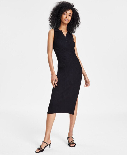 Women's Sleeveless Ribbed Polo Midi Dress