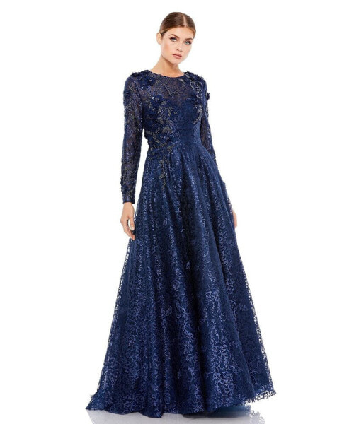 Women's Embellished Illusion Long Sleeve A Line Gown